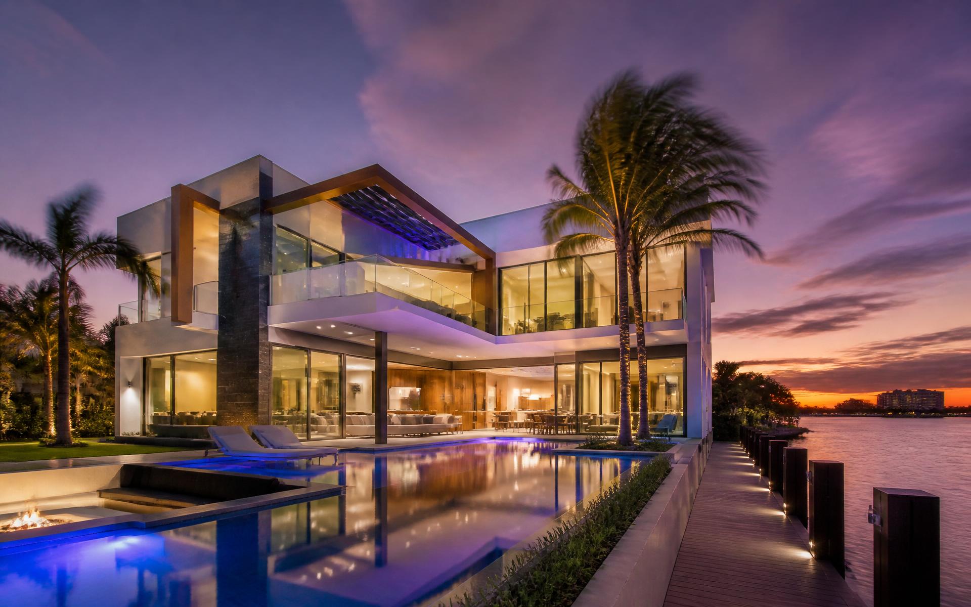 Luxury South Florida waterfront home at twilight